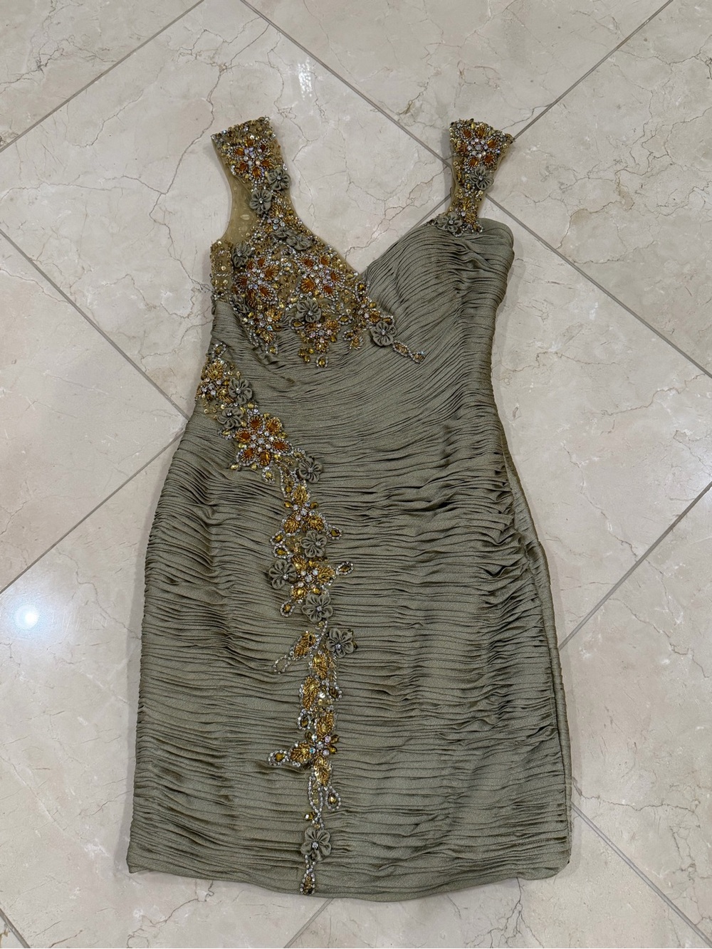 Terani Couture Olive Green One-Shoulder Embellished Cocktail Dress